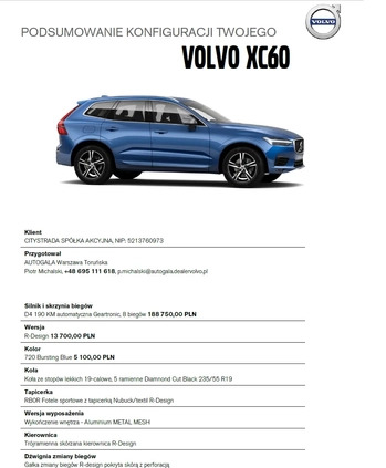 Volvo XC 60 cena 136000 przebieg: 99000, rok produkcji 2019 z Warszawa małe 301